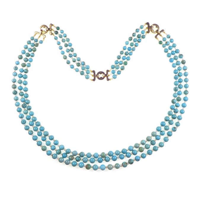   Cartier - Turquoise bead and seed pearl three-row necklace, converting to a shorter necklace and bracelet, | MasterArt